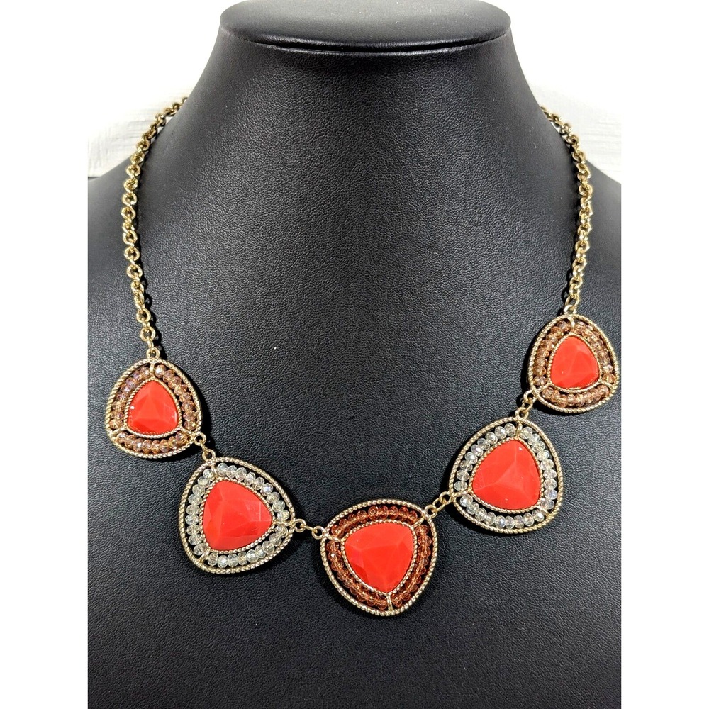 Beachy Coastal Orange Triangle Bead Statement Necklace Gold Tone 21 in